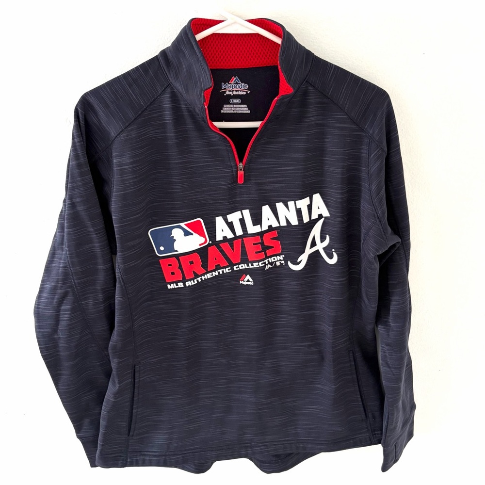 Majestic Authentic MLB Collection Atlanta Braves 1/4 Zip Pullover, Size: Large